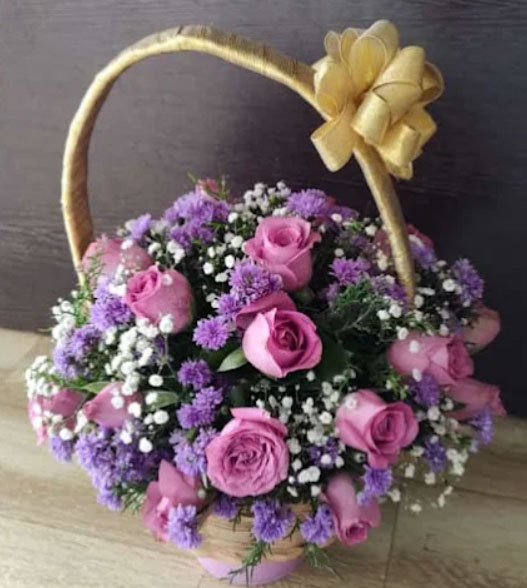 Elegant Pink Roses Flower Basket