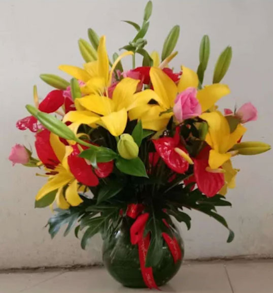 Golden Lily & Anthurium Floral Vase Arrangement