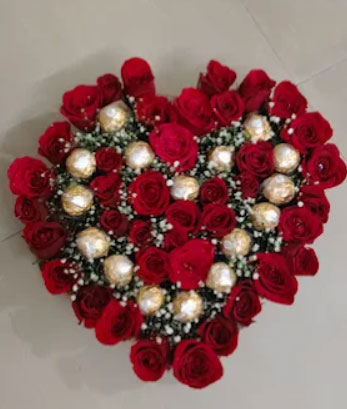Heart Shape Red Rose Arrangement with Ferrero Rocher Chocolates