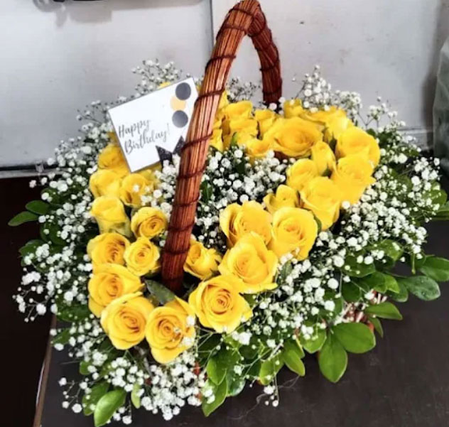 Heart Shape Yellow Roses Basket Arrangement