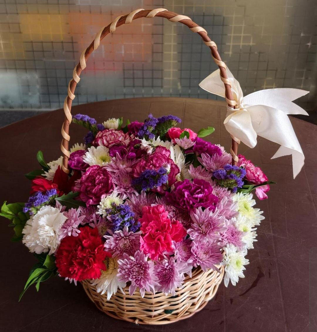 Mixed Carnation and Chrysanthemum Flower Basket Arrangement