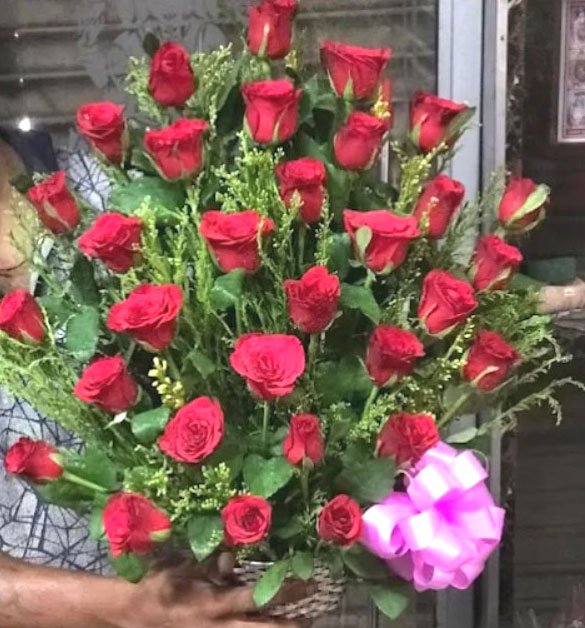 Premium Red Rose Basket Arrangement with Fresh Green Fillers