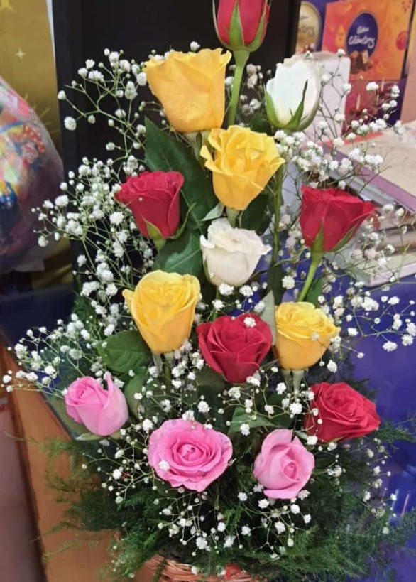 Premium Red, Yellow & Pink Roses Basket Arrangement with Green Fillers