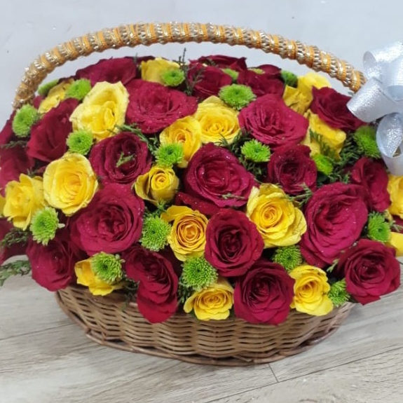 Premium Red Colour Roses and Yellow Colour Roses with Green Button Chrysanthemums Basket Arrangement