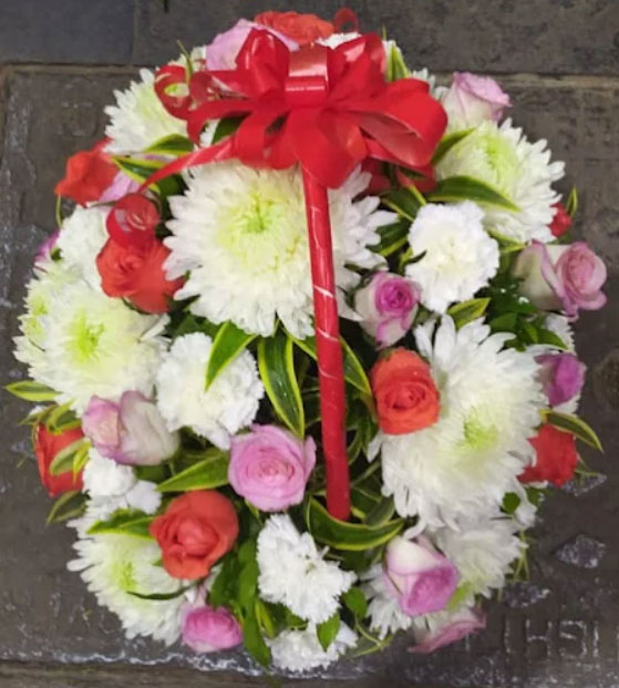 Premium White Chrysanthemum & Pink and Orange Rose Basket Arrangement