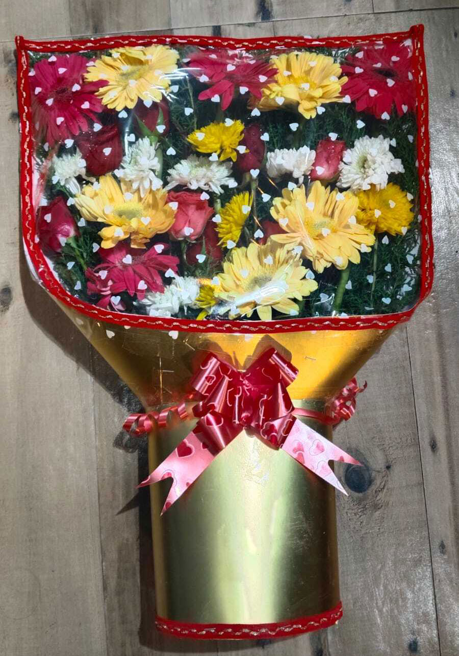 Colorful Mixed Carnation, Chrysanthemum & Gerbera Flower Bouquet with Golden Gift Wrapping