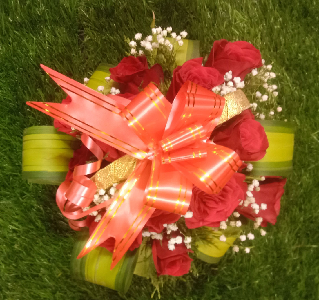 Elegant Red Roses Basket Arrangement with Green Fillers and White Baby Flowers