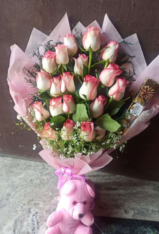 Premium Jumilia Roses Bouquet with Teddy Bear & Chocolate