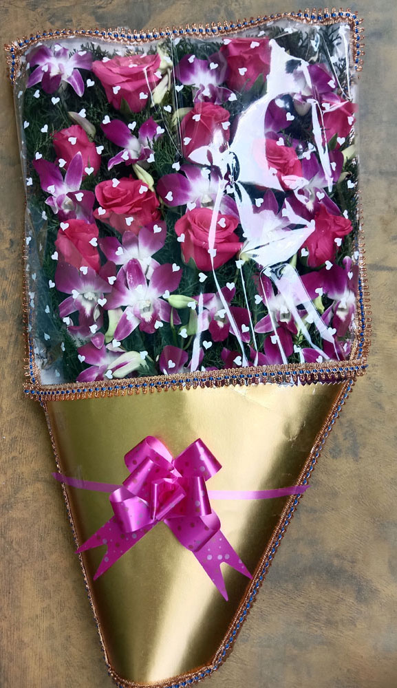 Purple Orchid and Red Rose Bouquet with Premium Chart Paper Packing