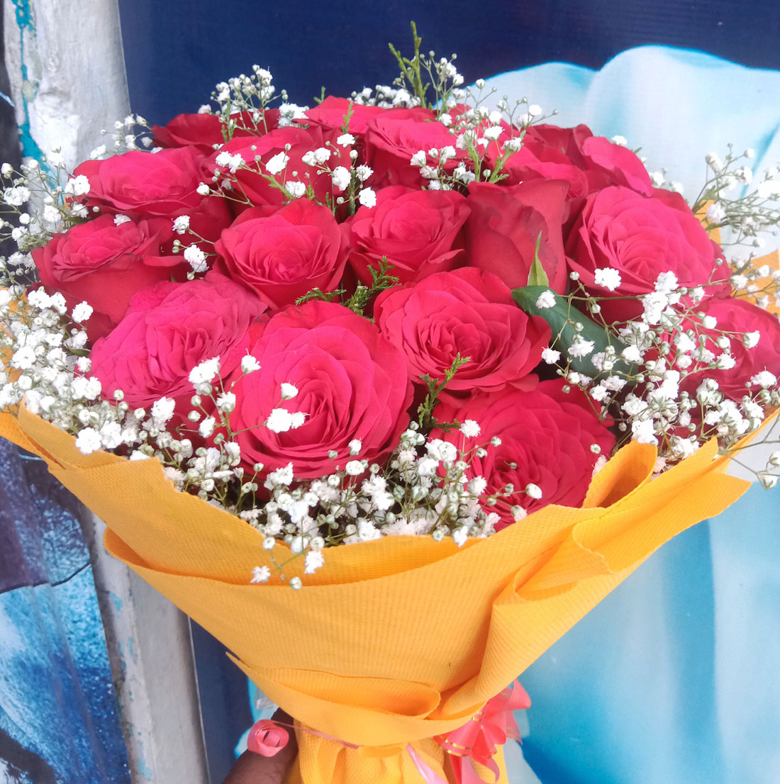 Romantic Red Roses with Gypsophila Fillers in Yellow Tissue Paper Bouquet