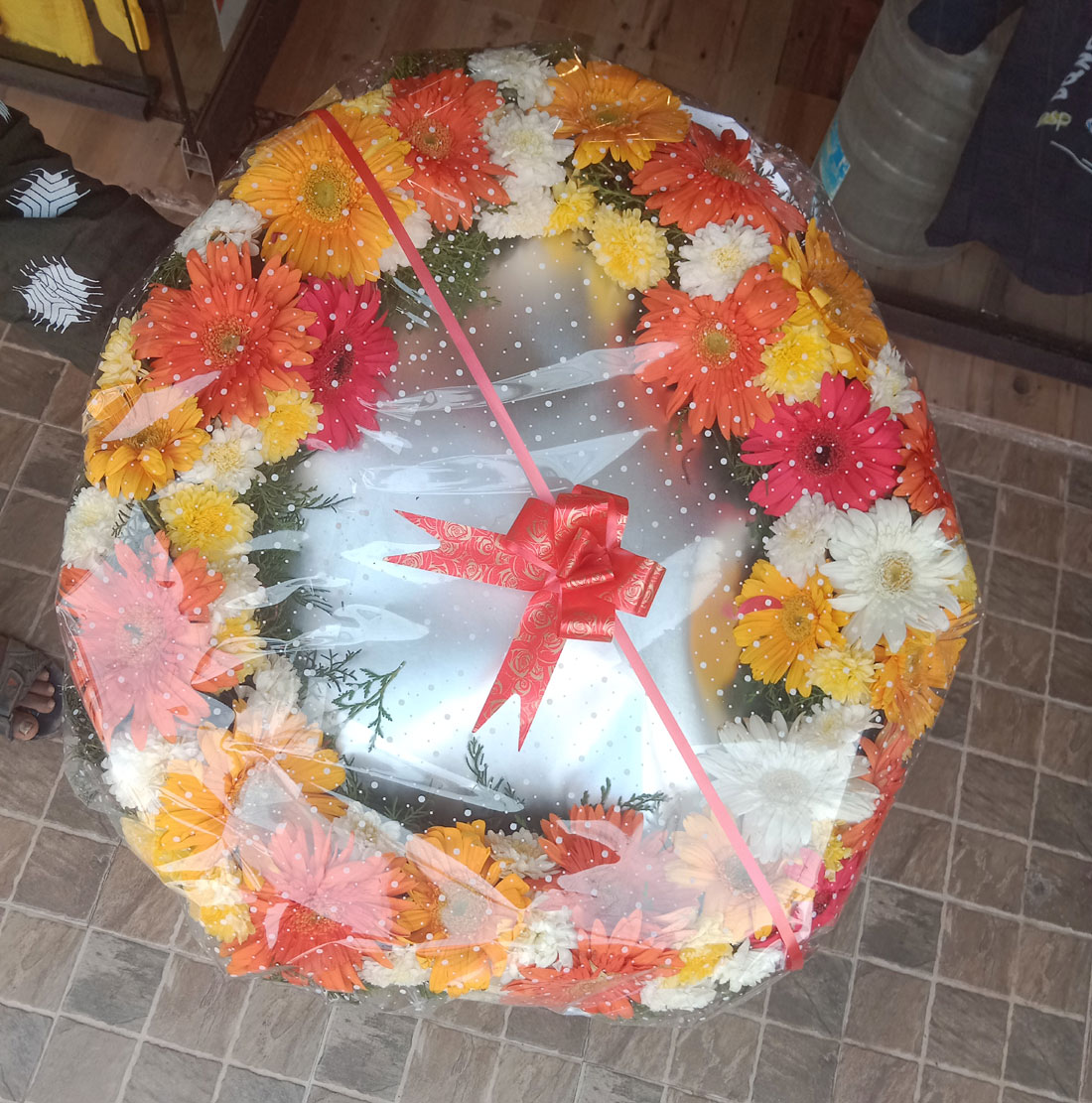 Fresh Colorful Gerbera and Chrysanthemum Funeral Flower Wreath Tribute
