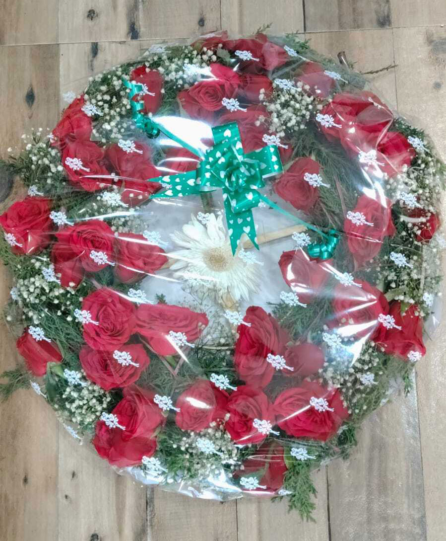Red Roses Funeral Wreath with Gypsophila & White Gerbera Flowers